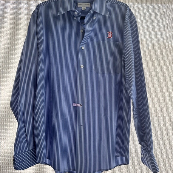 Cutter and Buck Blue Striped Men's Shirt Boston Red Sox embroidered logo L - Picture 1 of 3